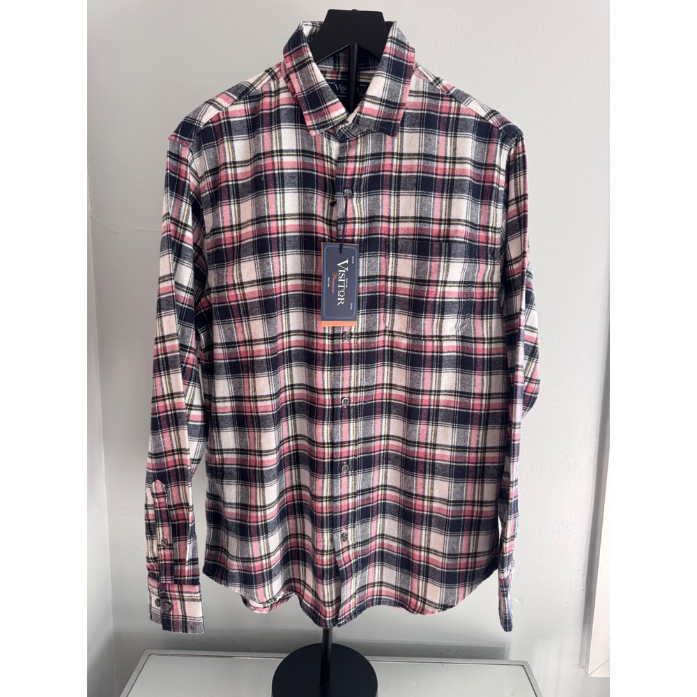 NWT Visitor Premium Mens Pink Navy Plaid Flannel Button Down Shirt Size M